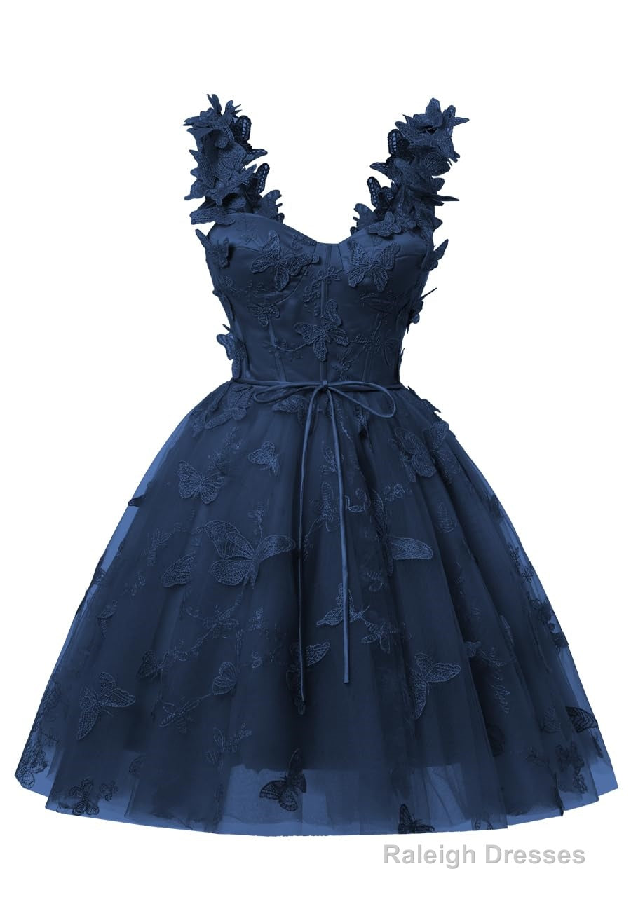 Navy Blue 3D Butterfly Lace Applique Tulle Homecoming Dress for Teens Sweetheart Mini Short Prom Dresses Main image