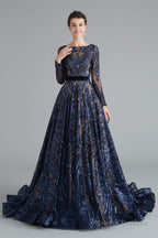 A-Line Luxury Sequins Long Sleeve Backless Prom Dresses