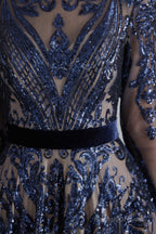 A-Line Luxury Sequins Long Sleeve Backless Prom Dresses