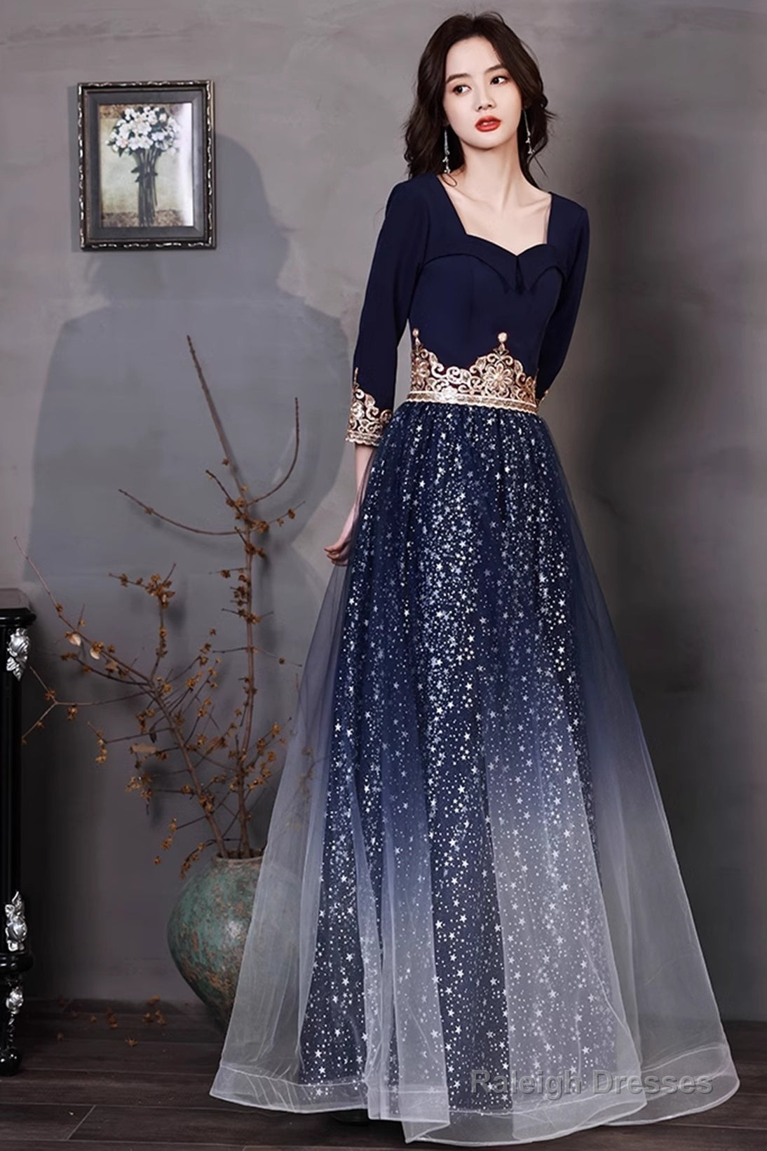 Navy Blue A-Line Short Sleeves Floor Length Party Dress, Navy Blue Bridesmaid Dress Secondary image