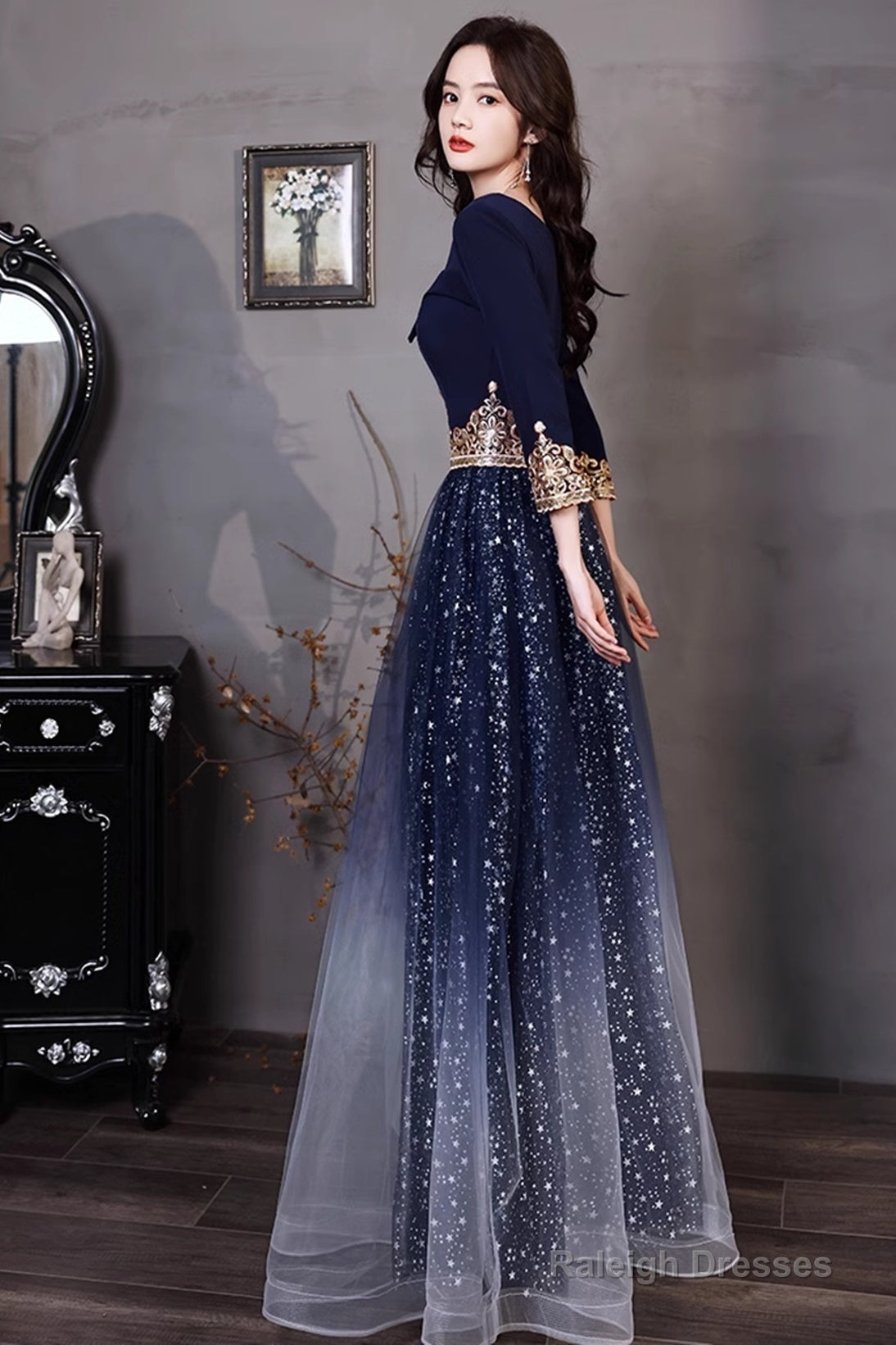 Navy Blue A-Line Short Sleeves Floor Length Prom Dresses Navy Blue Bridesmaid Dresses