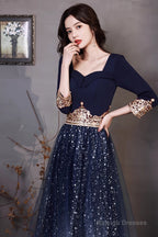 Navy Blue A-Line Short Sleeves Floor Length Party Dress, Navy Blue Bridesmaid Dress