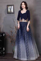 Navy Blue A-Line Short Sleeves Floor Length Party Dress, Navy Blue Bridesmaid Dress