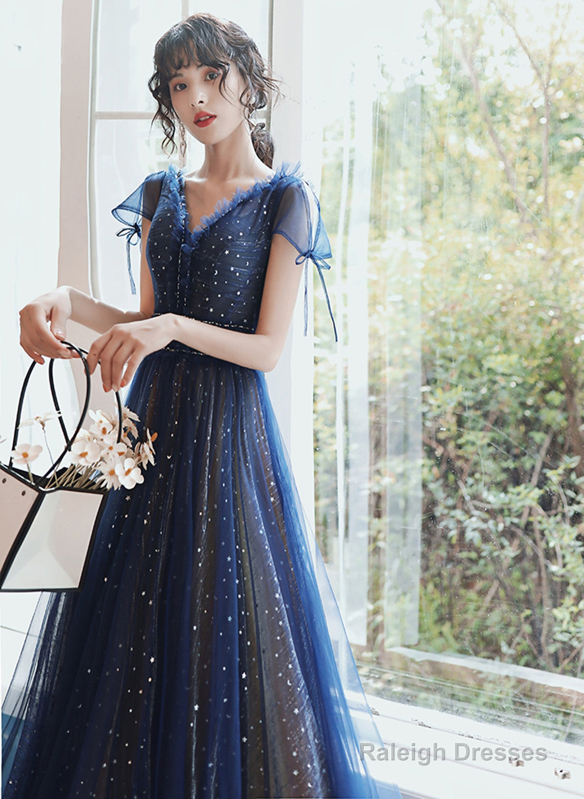 Navy Blue A-Line Short Sleeves V-Neckline Party Dress, Navy Blue Prom Dress Secondary image