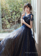 Navy Blue A-Line Short Sleeves V-Neckline Party Dress, Navy Blue Prom Dress