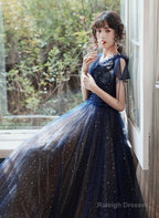 Navy Blue A-Line Short Sleeves V-Neckline Prom Dresses Navy Blue Prom Dresses