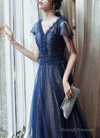 Navy Blue A-Line Short Sleeves V-Neckline Party Dress, Navy Blue Prom Dress