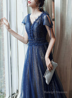 Navy Blue A-Line Short Sleeves V-Neckline Prom Dresses Navy Blue Prom Dresses
