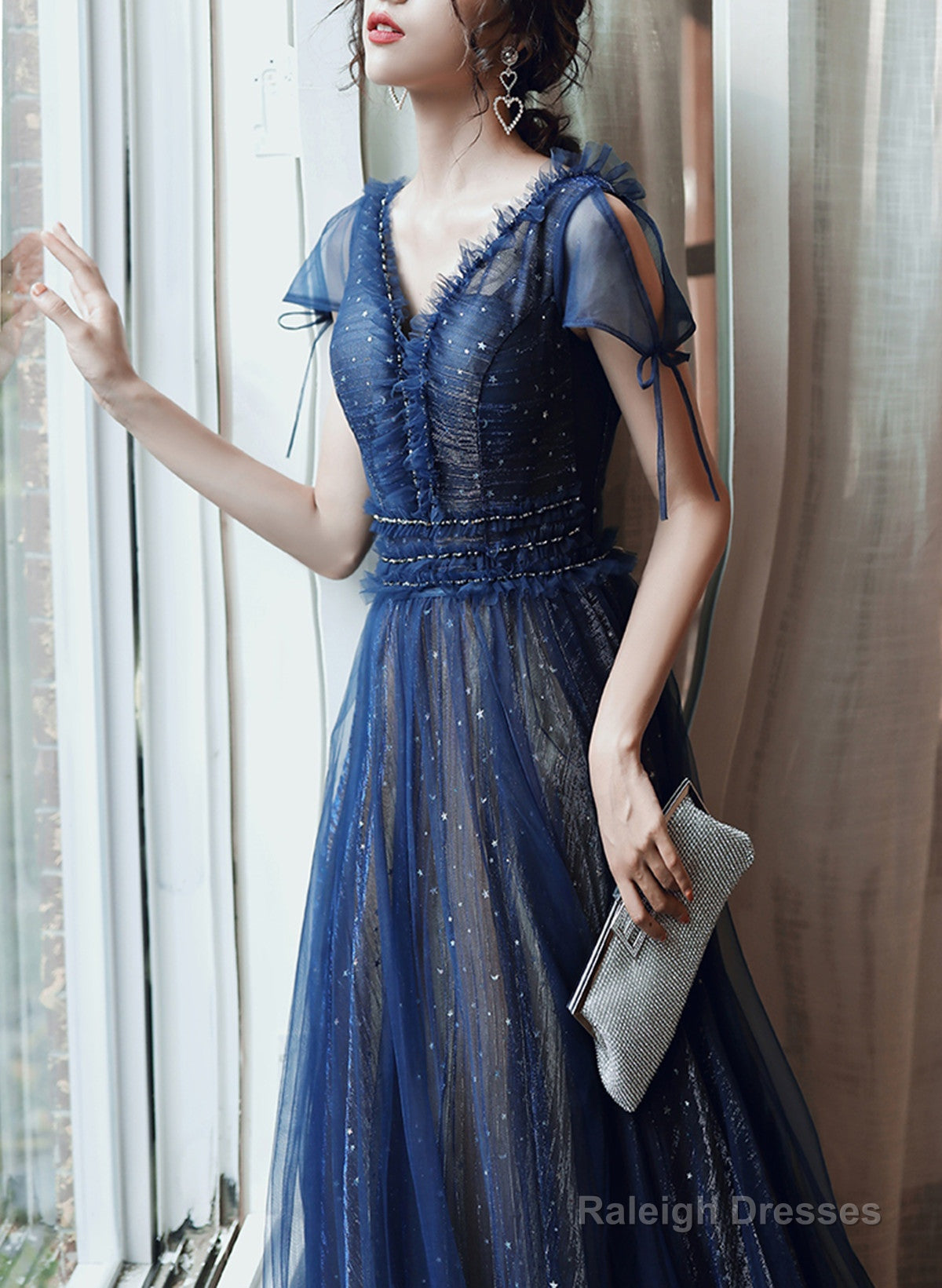 Navy Blue A-Line Short Sleeves V-Neckline Prom Dresses Navy Blue Prom Dresses