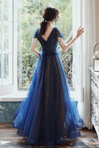 Navy Blue A-Line Short Sleeves V-Neckline Party Dress, Navy Blue Prom Dress