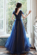 Navy Blue A-Line Short Sleeves V-Neckline Prom Dresses Navy Blue Prom Dresses