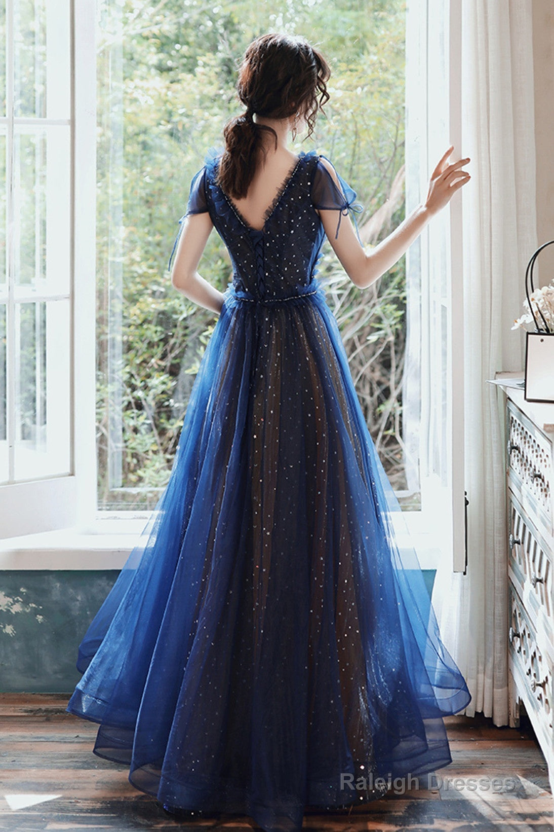 Navy Blue A-Line Short Sleeves V-Neckline Prom Dresses Navy Blue Prom Dresses