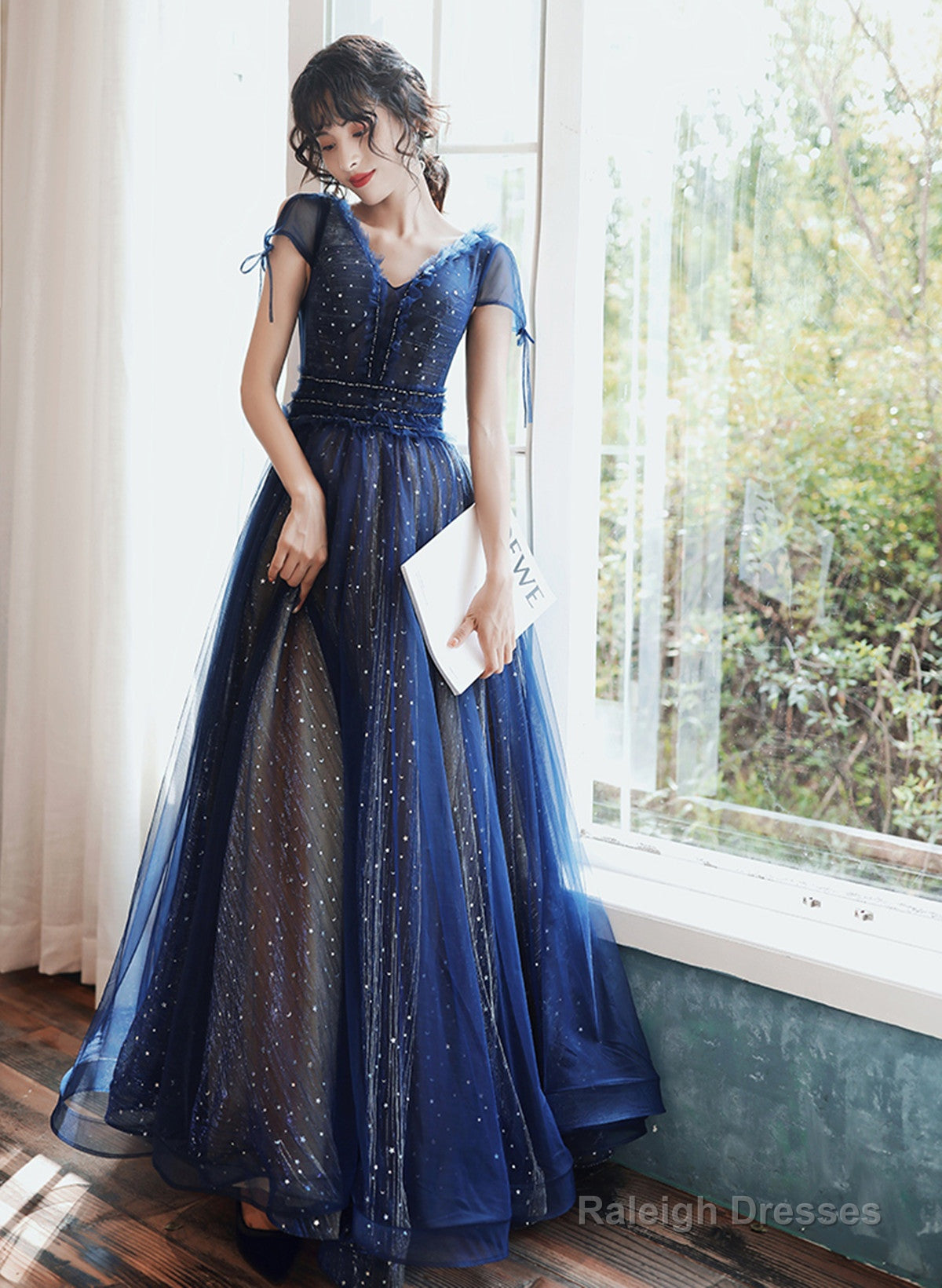 Navy Blue A-Line Short Sleeves V-Neckline Party Dress, Navy Blue Prom Dress Main image