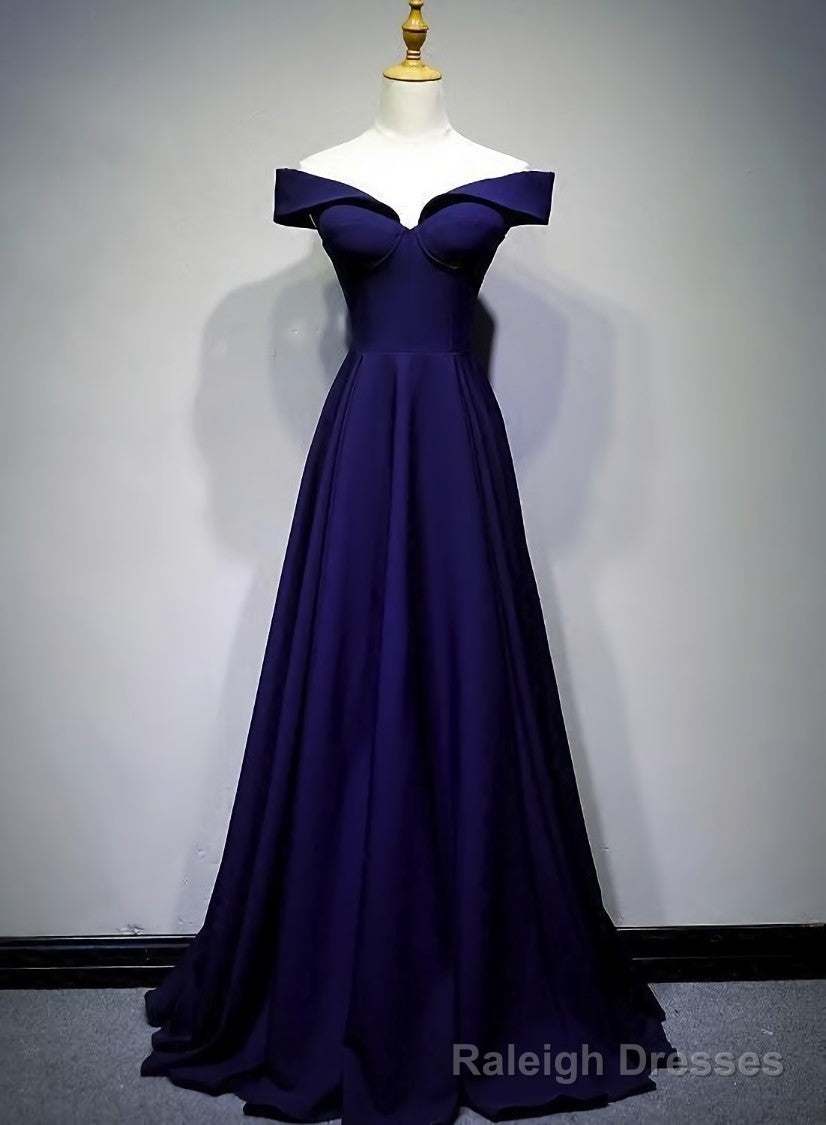 Navy Blue A-line Spandex Long Prom Dress, Off Shoulder Bridesmaid Dress