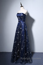 Navy Blue A-Line Tulle Long Evening Dress, Navy Blue Prom Dress