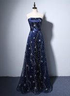 Navy Blue A-Line Tulle Long Evening Dress, Navy Blue Prom Dress