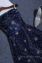 Navy Blue A-Line Tulle Long Evening Dress, Navy Blue Prom Dress