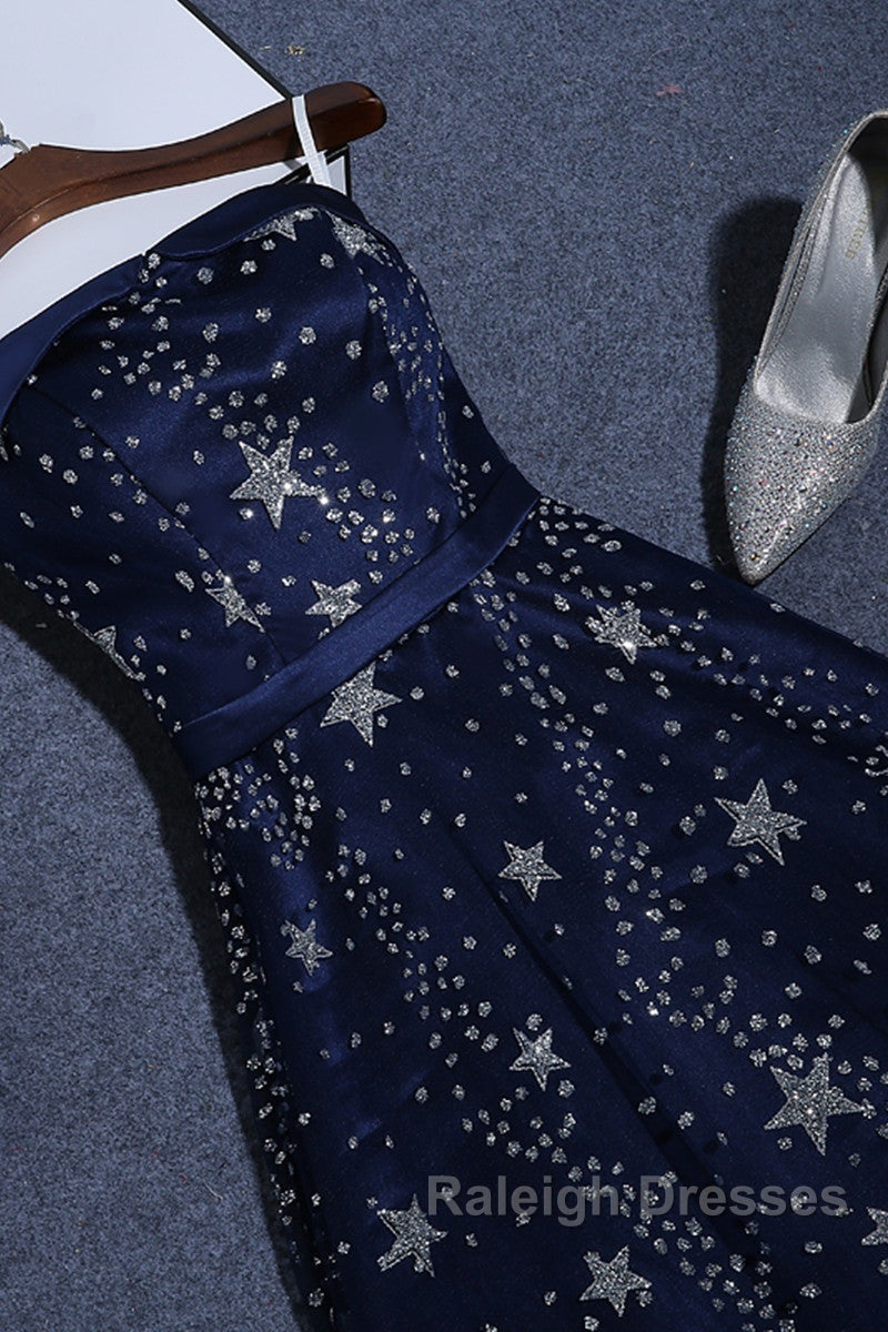 Navy Blue A-Line Tulle Long Evening Dress, Navy Blue Prom Dress