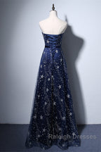 Navy Blue A-Line Tulle Long Evening Dress, Navy Blue Prom Dress