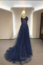 Navy Blue A-Line Tulle With Lace Prom Dresses Navy Blue Long Prom Dresses