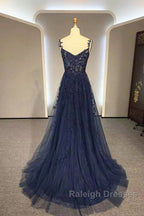 Navy Blue A-Line Tulle With Lace Prom Dress, Navy Blue Long Party Dress