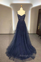 Navy Blue A-Line Tulle With Lace Prom Dresses Navy Blue Long Prom Dresses