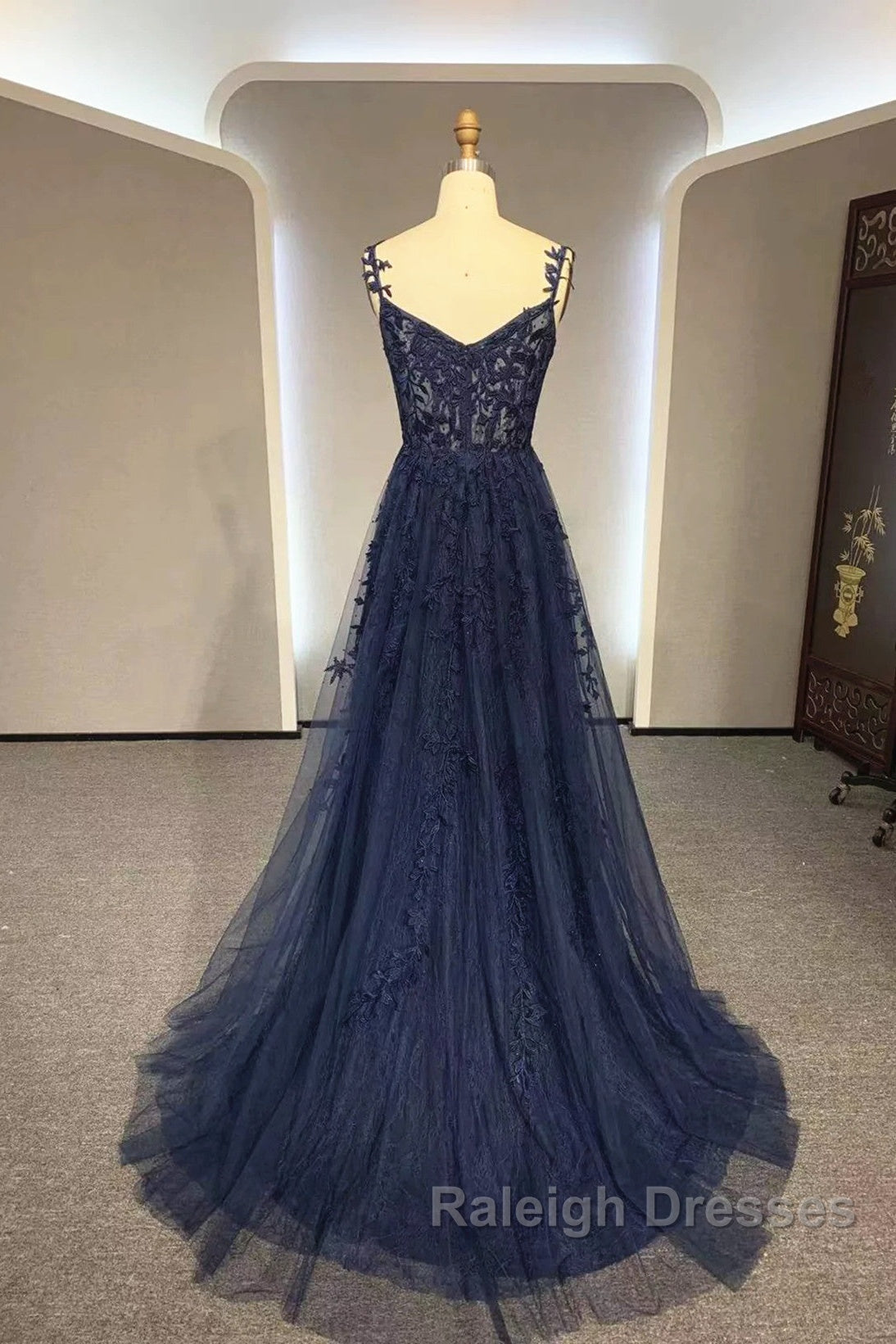 Navy Blue A-Line Tulle With Lace Prom Dresses Navy Blue Long Prom Dresses