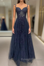 Navy Blue A-Line Tulle With Lace Prom Dresses Navy Blue Long Prom Dresses