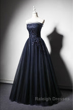 Navy Blue A-Line Tulle With Lace Scoop Long Prom Dress, Navy Blue Evening Dress