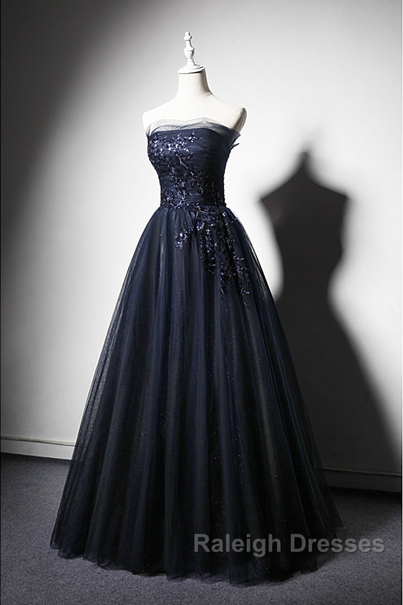 Navy Blue A Line Tulle With Lace Scoop Long Prom Dresses Navy Blue Prom Dresses Secondary image