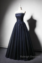 Navy Blue A Line Tulle With Lace Scoop Long Prom Dresses Navy Blue Prom Dresses