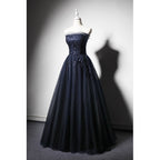 Navy Blue A-Line Tulle With Lace Scoop Long Prom Dress, Navy Blue Evening Dress