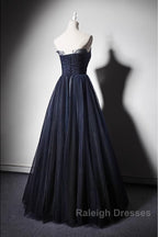 Navy Blue A-Line Tulle With Lace Scoop Long Prom Dress, Navy Blue Evening Dress