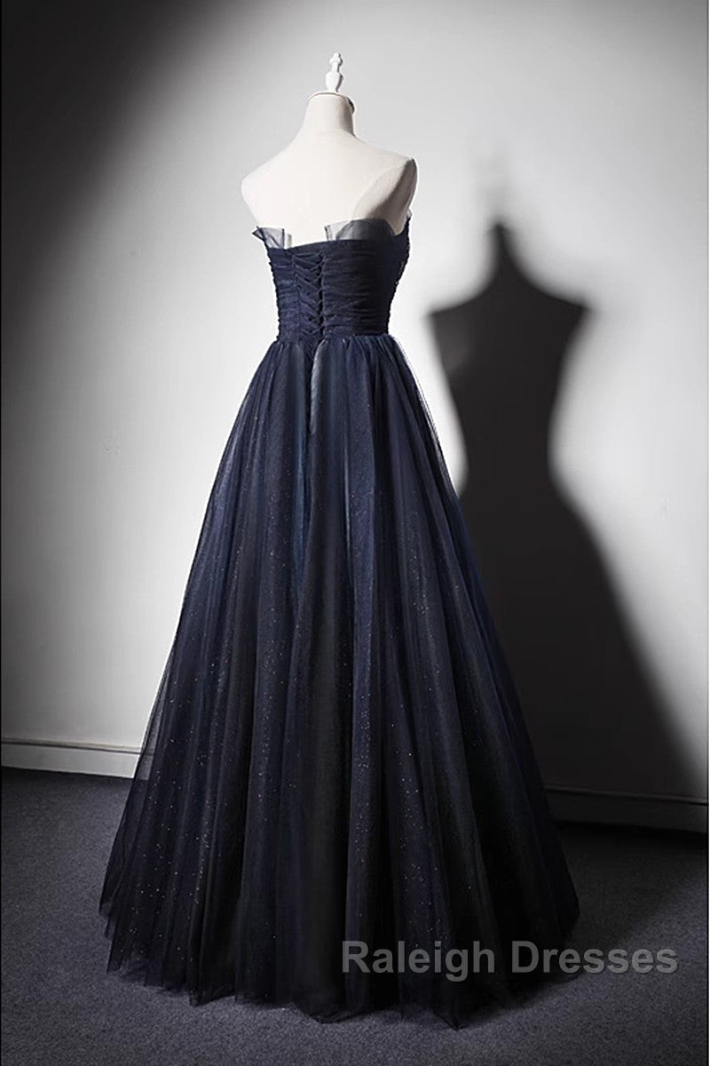 Navy Blue A Line Tulle With Lace Scoop Long Prom Dresses Navy Blue Prom Dresses
