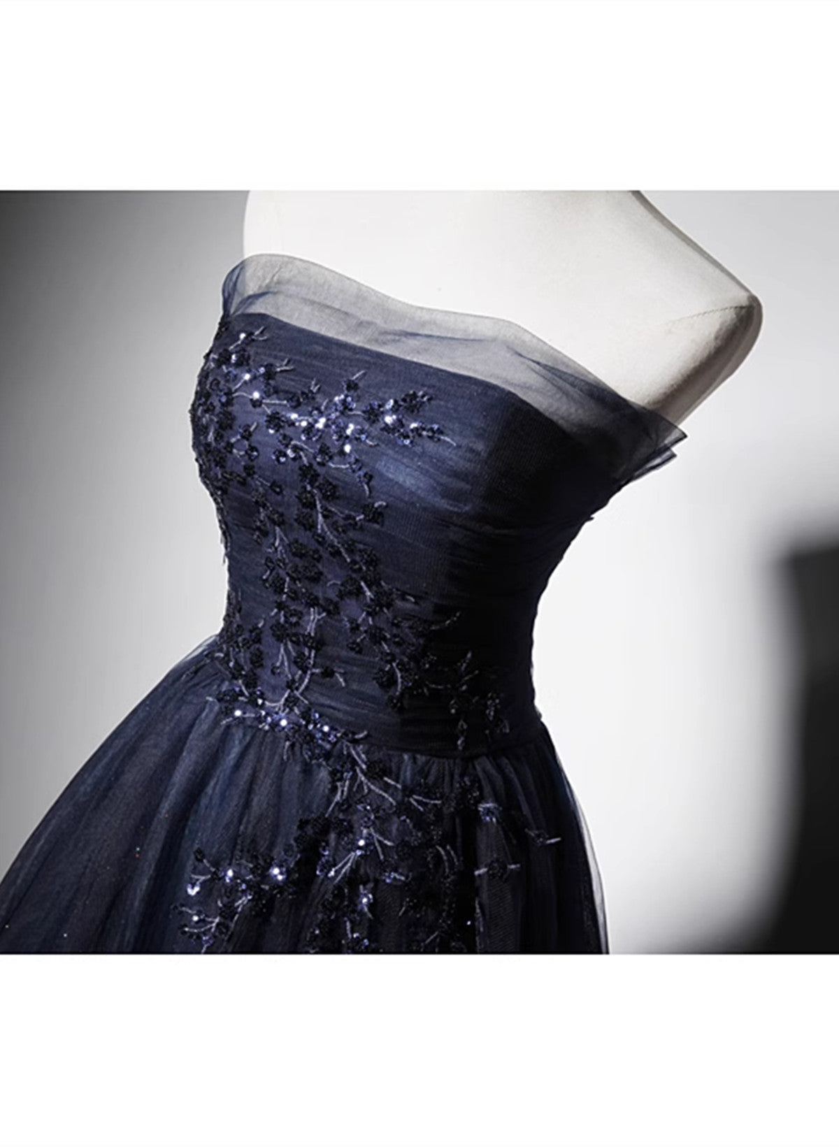 Navy Blue A-Line Tulle With Lace Scoop Long Prom Dresses Navy Blue Prom Dresses