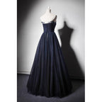 Navy Blue A-Line Tulle With Lace Scoop Long Prom Dress, Navy Blue Evening Dress