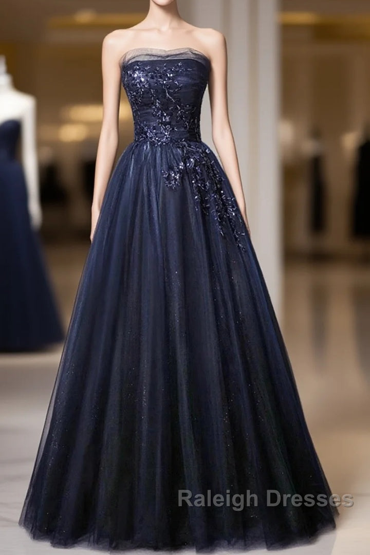 Navy Blue A-Line Tulle With Lace Scoop Long Prom Dress, Navy Blue Evening Dress Main image
