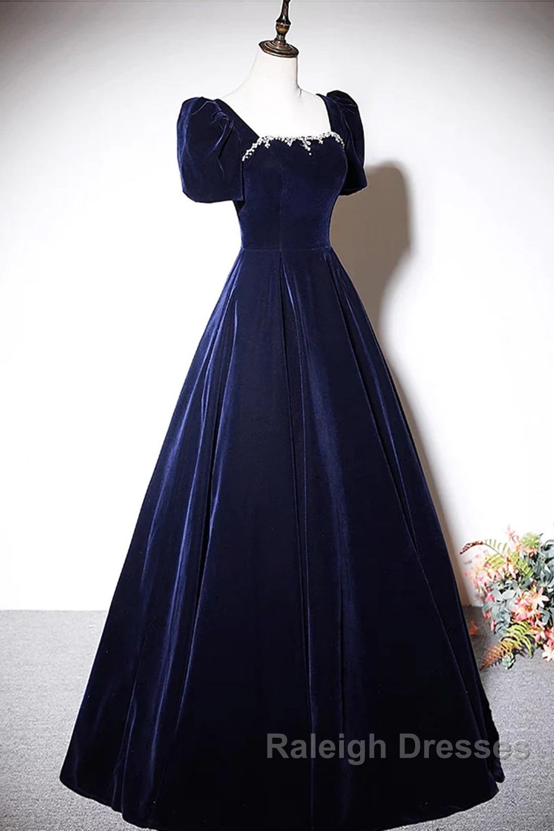 Navy Blue A-Line Velvet Long Evening Dress, Short Sleeves Beaded Prom Dress