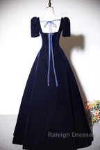 Navy Blue A-Line Velvet Long Evening Dress, Short Sleeves Beaded Prom Dress
