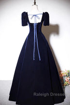 Navy Blue A-Line Velvet Long Prom Dresses Short Sleeves Beaded Prom Dresses
