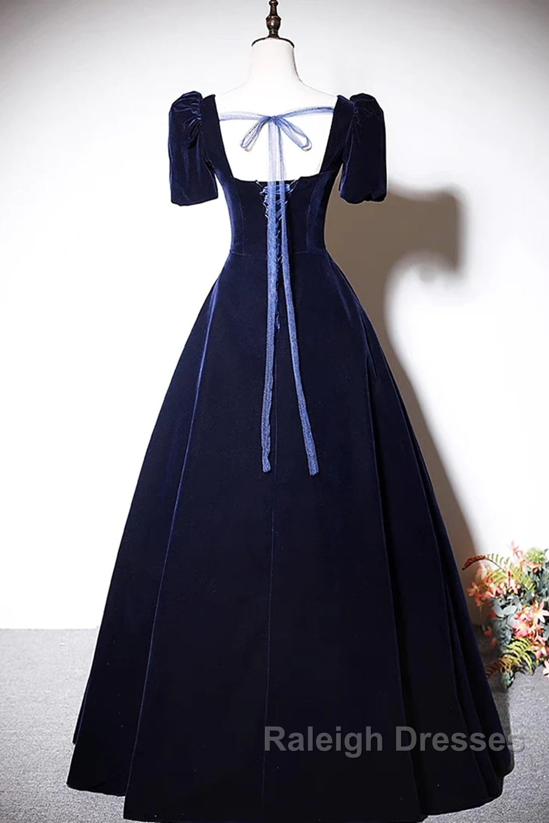 Navy Blue A-Line Velvet Long Prom Dresses Short Sleeves Beaded Prom Dresses