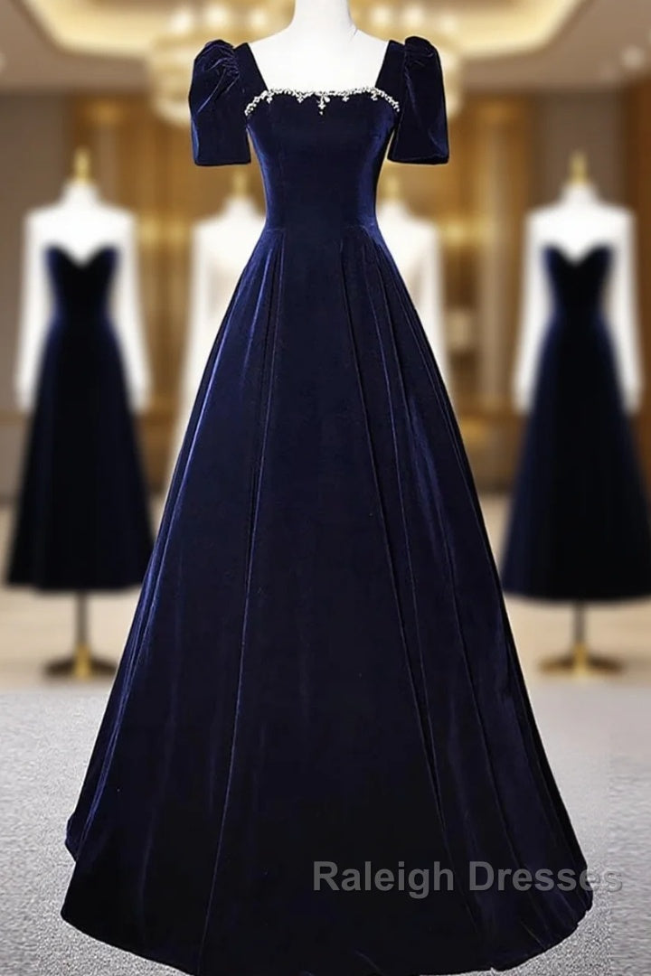 Navy Blue A-Line Velvet Long Evening Dress, Short Sleeves Beaded Prom Dress
