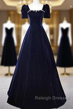 Navy Blue A-Line Velvet Long Prom Dresses Short Sleeves Beaded Prom Dresses