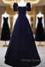 Navy Blue A-Line Velvet Long Prom Dresses Short Sleeves Beaded Prom Dresses