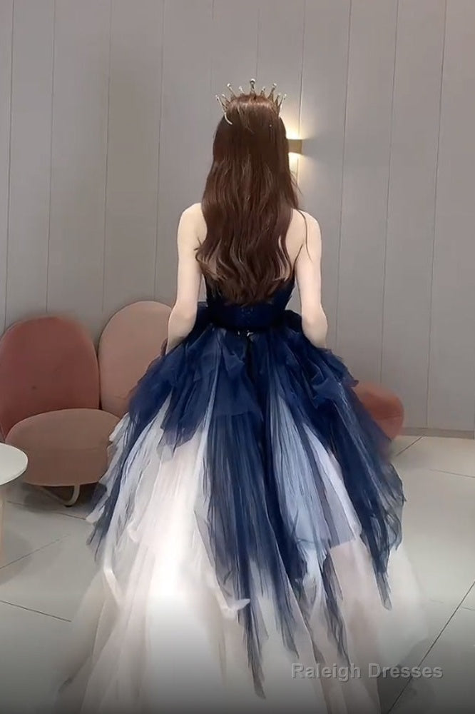 Navy Blue And Ivory Tulle Sweetheart Formal Dress, Layers Tulle Prom Dress