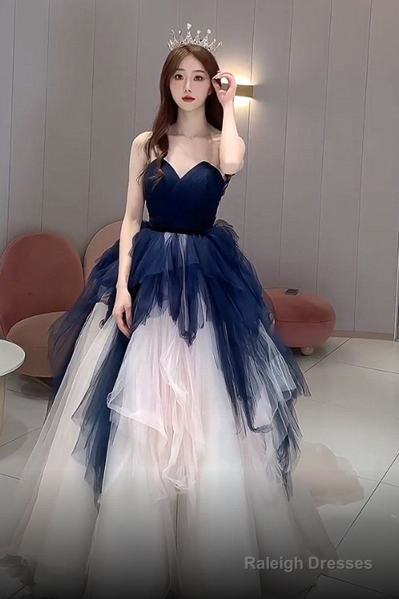Navy Blue And Ivory Tulle Sweetheart Formal Dress, Layers Tulle Prom Dress