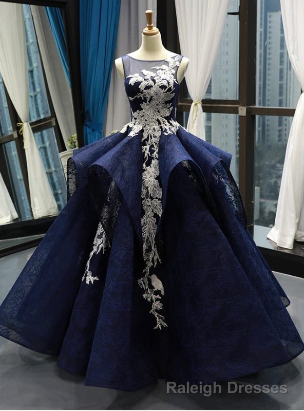 Navy Blue Ball Gowns Lace White Lace Appliques Backless Prom Dress