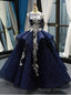 Navy Blue Ball Gowns Lace White Lace Appliques Backless Prom Dress