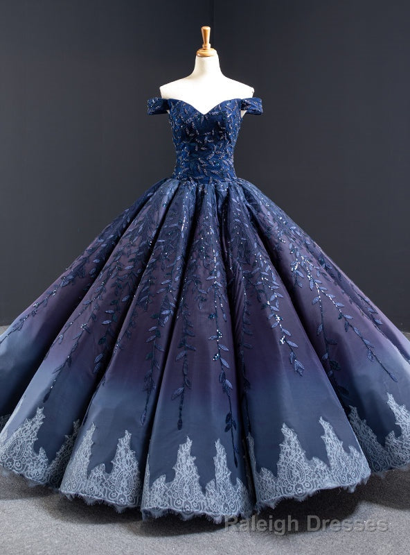 Navy Blue Ball Gown Leaf Appliques Beading Prom Dress
