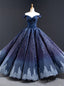Navy Blue Ball Gown Leaf Appliques Beading Prom Dress